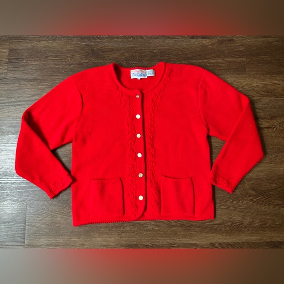 Vintage Tally-Ho Red Cardigan Sweater Floral Embroidery Grannycore Large - Picture 1 of 15